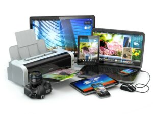 Computer devices. Mobile phone, laptop, printer, camera and tablet pc. 3d