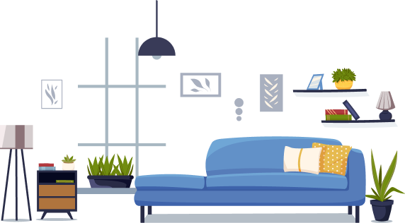An illustration of a cozy living room featuring a blue couch, a bookshelf filled with books, and various indoor plants for a refreshing ambiance.