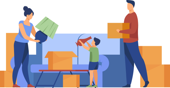 Illustration of a family moving and packing items into boxes