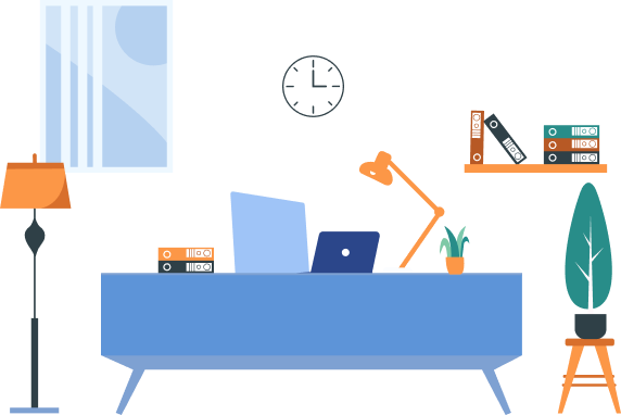 An illustraton of an office scene featuring a desk, a lamp, and a clock, creating a professional and organized workspace atmosphere.